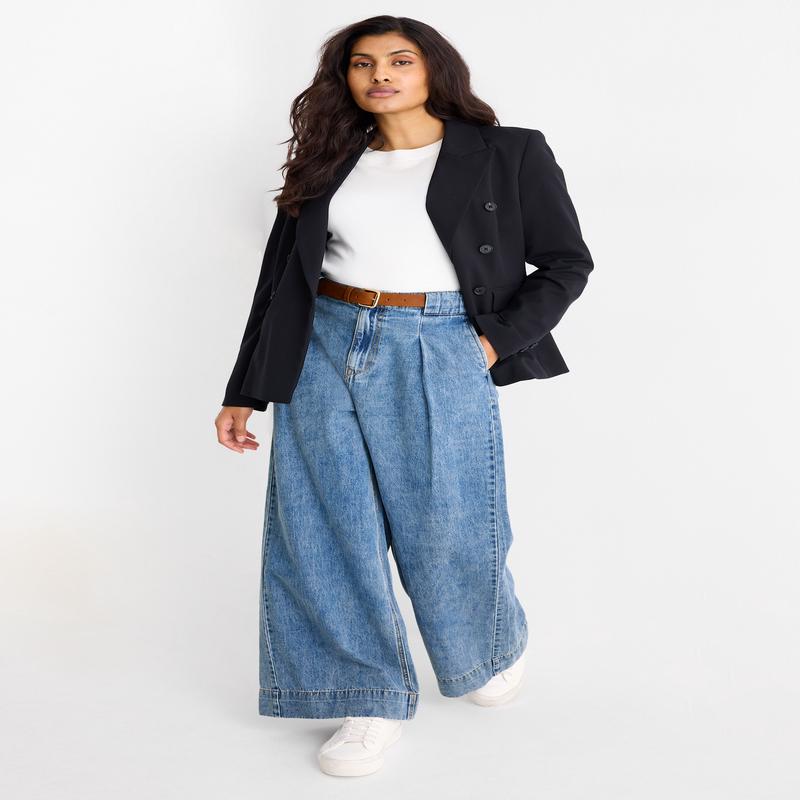 Wide leg jeans with belt - mid-rise waist - denim-light blue
