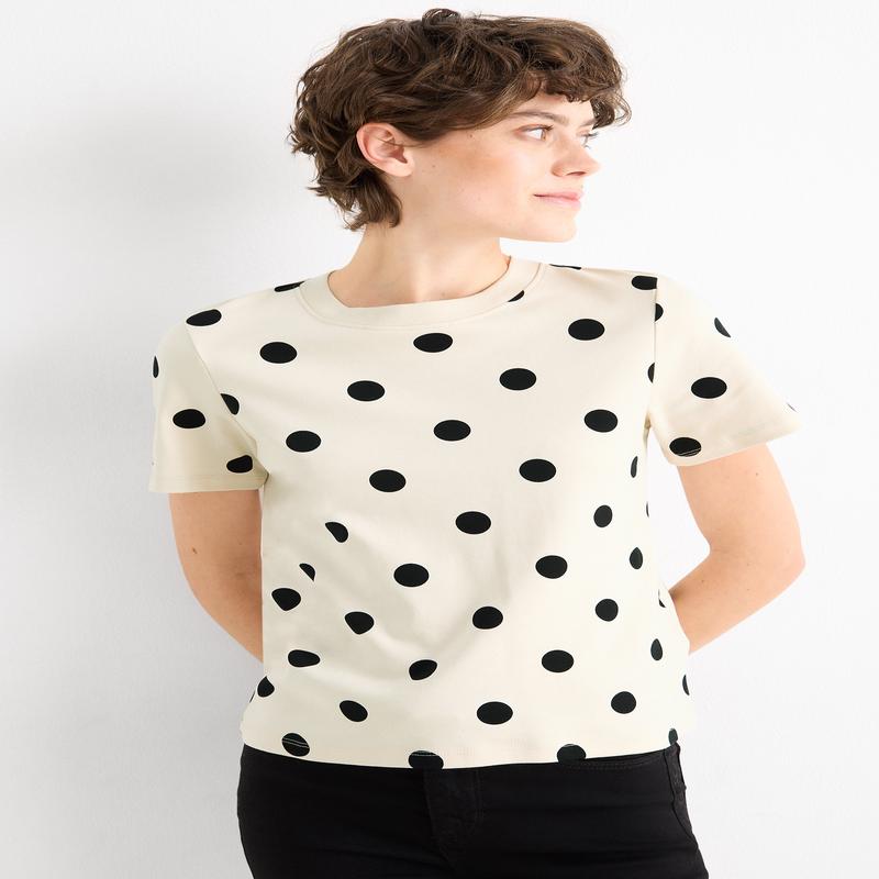 T-shirt - slim fit - polka dot - black / beige