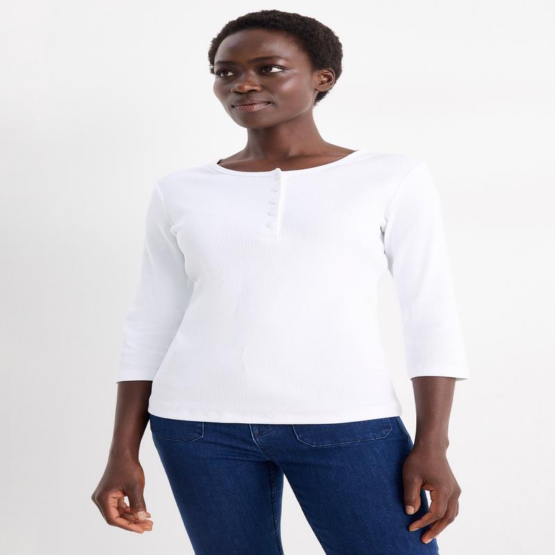 Henley T-shirt - slim fit - ribbed - white