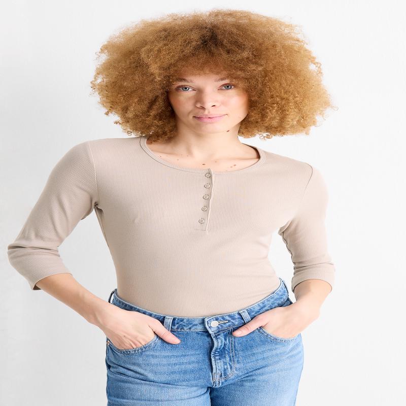 Henley T-shirt - slim fit - ribbed - beige