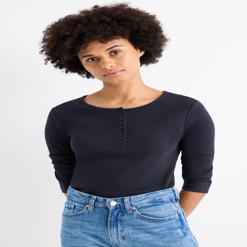 Henley T-shirt - slim fit - ribbed - dark blue