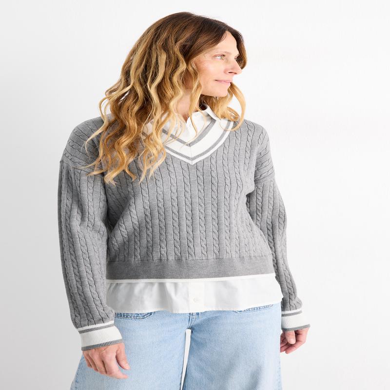 Jumper - 2-in-1 look - cable knit pattern - light gray-melange