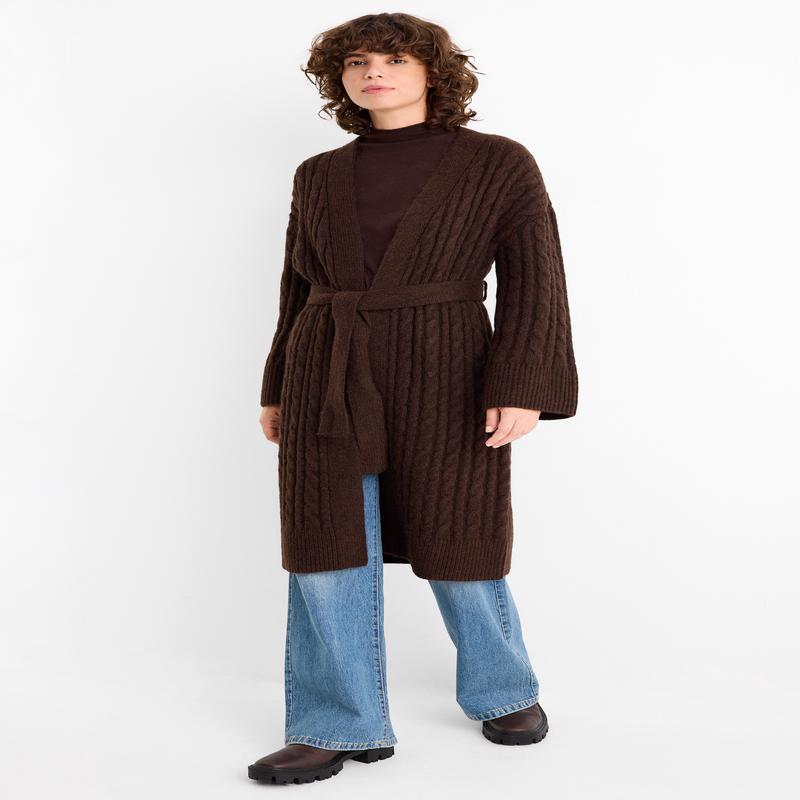 Cardigan - cable knit pattern - dark brown