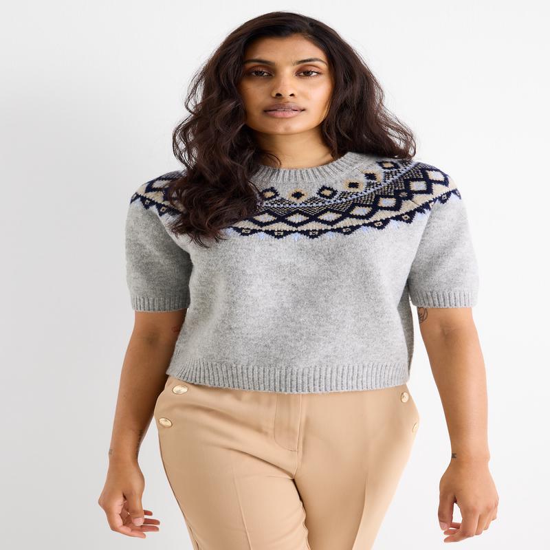 Knitted jumper - short sleeve - light gray-melange