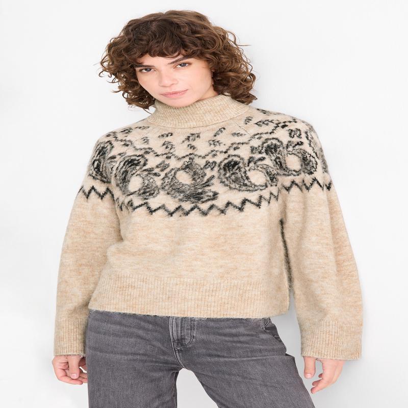 Turtleneck jumper - patterned - black / beige