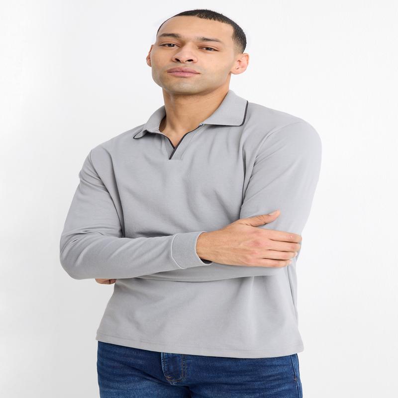 Long sleeve polo shirt - regular fit - gray