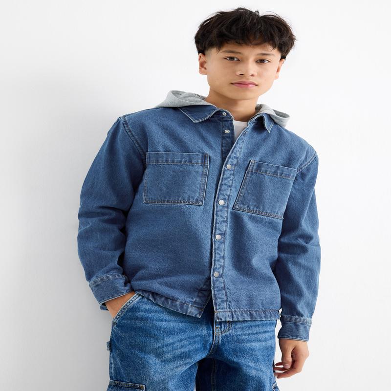 Denim shirt jacket with hood - blue denim