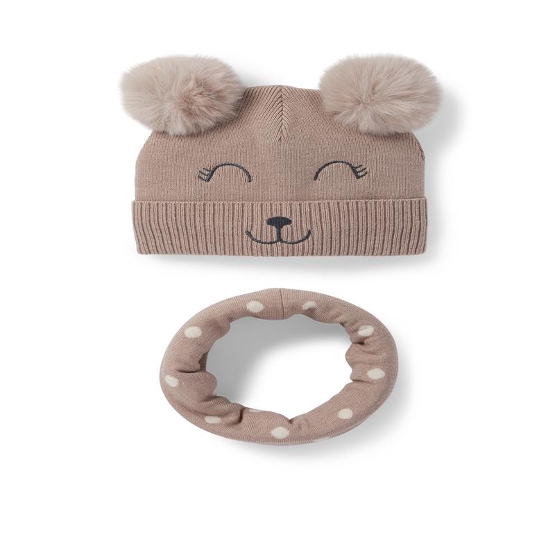 Kawaii - set - pom-pom hat and snood - 2 piece - beige