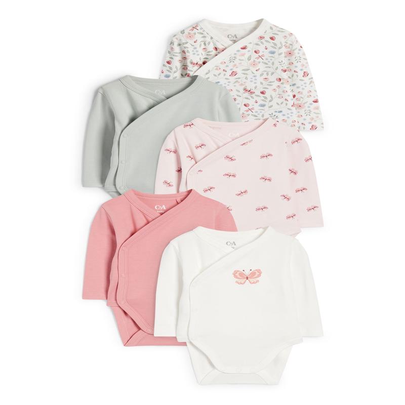 Multipack of 5 - butterfly and flowers - wrapover baby bodysuit - pink
