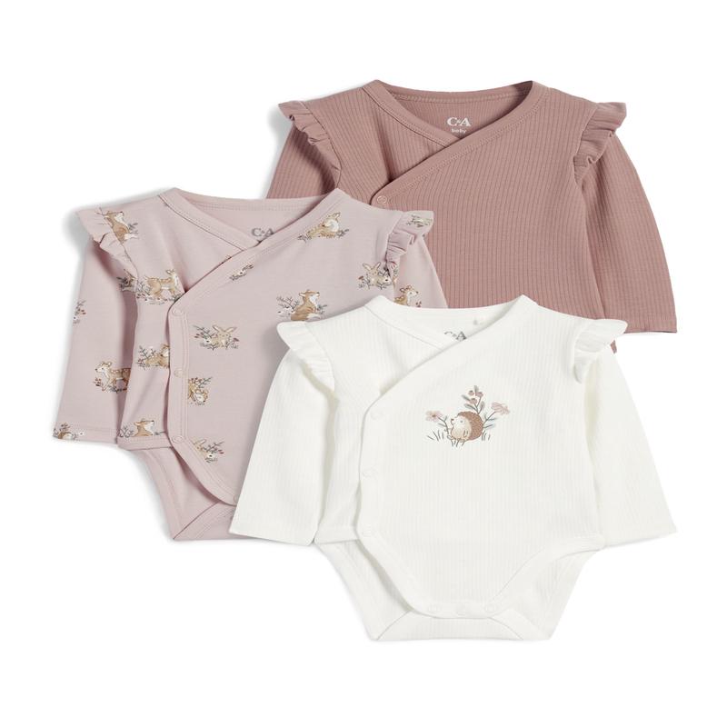 Multipack of 3 - hedgehog, deer and bunny rabbit - baby wrapover body suit - rose