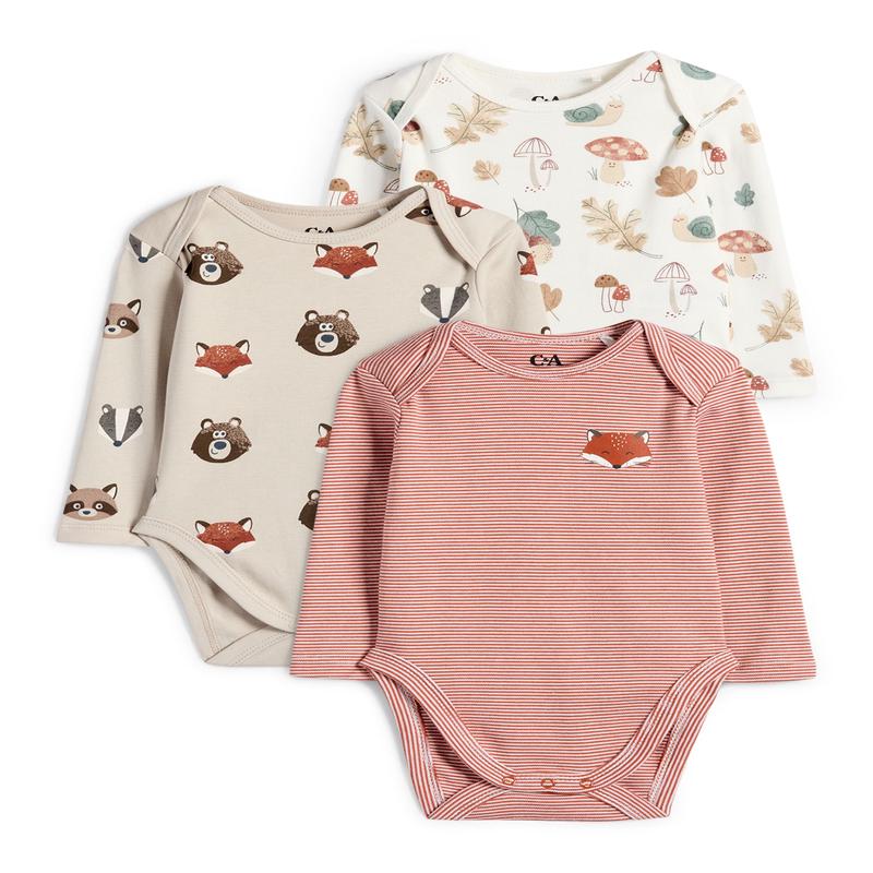 Multipack of 3 - fox and wild animals - baby bodysuit - beige