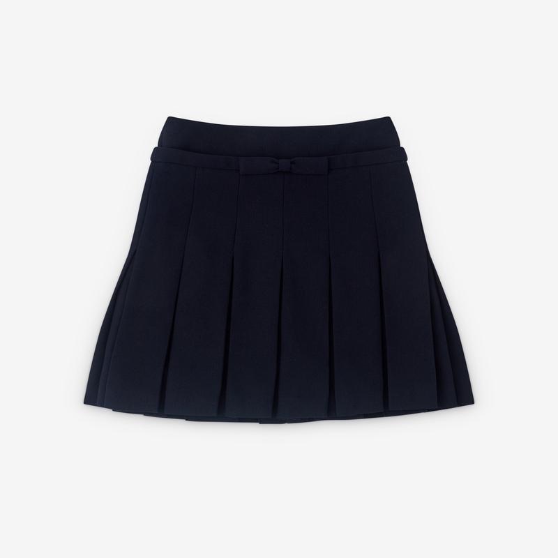 SHUSHU/TONG - Womens Bow Waist Pleated Skirt - (Navy)